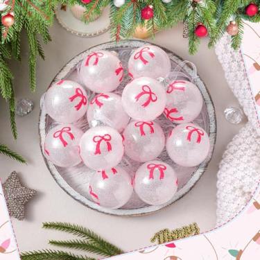 Imagem de Hollowfly 12 peças de enfeites de bola de Natal branca, enfeites de bola de neve com glitter com estampa de laço rosa, bolas de plástico à prova de estilhaçamento de 6 cm para decoração de Natal de