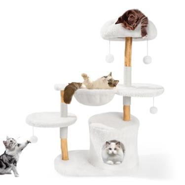 Imagem de Torre de árvore fofa para gatos adultos em ambientes internos, flores de madeira com rede para gatos, torre de árvore moderna para gatos com poste para arranhar, condomínio estético de luxo para gatos