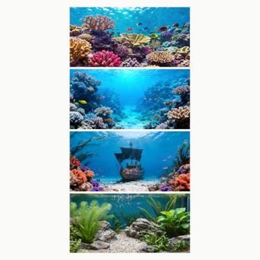 Imagem de Ricomboo Pacote com 4 fundo de aquário, decoração de pano de poliéster 61 x 30 cm para aquário de peixes, conjunto de fundos de decoração de plantas e rochas de coral submarino, decorações temáticas