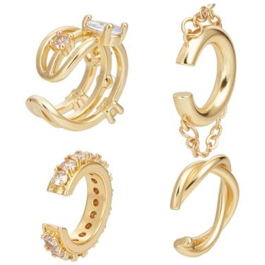 Imagem de WADORN 4 brincos de orelha sem piercing para mulheres, brincos ajustáveis de zircônia cúbica cintilante com contas de imitação de pérola, brincos modernos de latão dourado com clipe para cartilagem de