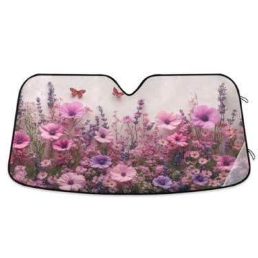 Imagem de ATTX Para-brisa de carro flores silvestres rosa 139.7 cm x 70.1 cm escudo solar universal com proteção UV, persiana de janela frontal automática dobrável para caminhões Sedans SUVs #360