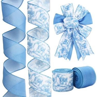 Imagem de JarThenaAMCS Fita de elefante com borda com fio fitas artesanais vintage azul e branco fita de tecido para arco de grinalda faça você mesmo embrulho decoração de festa, 2 rolos, 20 jardas