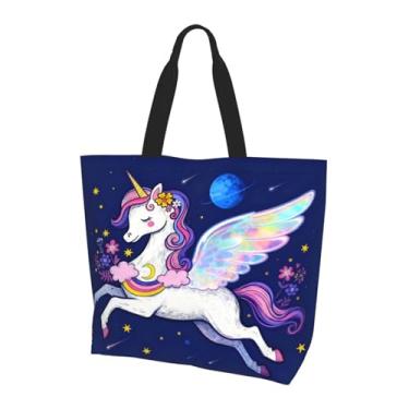 Imagem de OLUSENMO Bolsa de ombro grande, durável, reutilizável, ecológica, leve, elegante para uso diário 40 x 40 x 15 cm, Unicórnio com asas estreladas, Large