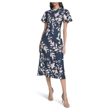Imagem de Calvin Klein Vestido feminino midi evasê crepe com gola redonda e manga esvoaçante, Índigo/Caju, 42