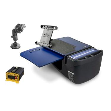 Imagem de AutoExec Mesa de carro GripMaster para sua estação de trabalho de veículo e escritório móvel, azul, com inversor de potência de 400 watts, suporte para tablet e suporte de sucção para telefone
