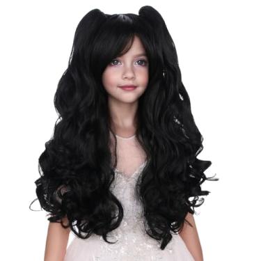 Imagem de WAVELNM Peruca infantil preta com 2 rabos de cavalo preto para meninas, perucas onduladas encaracoladas com franja para meninas, preta, dia a dia, festa de Halloween, cosplay