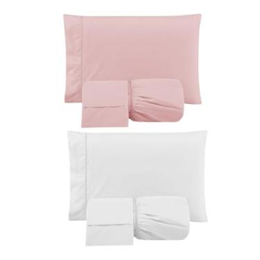 Imagem de Kit 2 Jogos de Lençol Casal Queen com Elástico e Fronhas Bordada em Ponto Palito, 6 Peças em Micropercal 300 Fios 100% Poliéster (2 Jogos CQ Versat (Rosê/Branco))