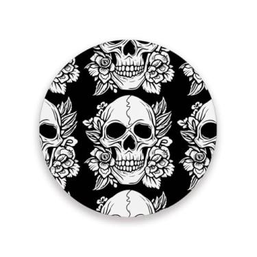 Imagem de JUZIHAI Conjunto de 4 porta-copos de caveira de Halloween, porta-copos redondos de pedra de cerâmica absorvente de 9 cm com base de cortiça, tapete de proteção de mesa para cozinha, bar, decoração de