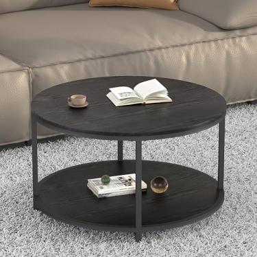 Imagem de NSdirect Mesa de centro redonda, mesa de centro pequena de 65 cm para sala de estar, mesa de madeira rústica de 2 camadas com prateleira de armazenamento, móveis domésticos de design moderno (marrom)