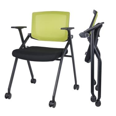 Imagem de BROBRIYO Cadeira dobrável atualizada com rodas e acolchoada, encosto e braços de malha ergonômica para escritório, reuniões, conferências, recepções, salas de treinamento e cadeiras de escritório