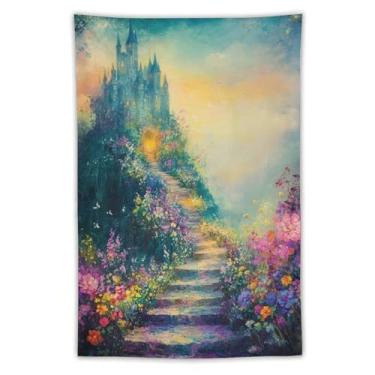Imagem de Tapeçaria Dreamy Blue Castle Garden Staircase Wall Hanging Colorful Floral Path Landscape Art For Bedroom Living Room Dorm Apartment Romantic Fairytale Wonderland DecorTapestry40 x 60