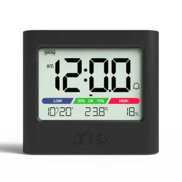 Imagem de ALANAS Despertador de viagem compacto com temperatura/umidade - Relógio digital pequeno operado por bateria, soneca, luz de fundo, montável na parede, para dormitório de estudantes, espaços pequenos