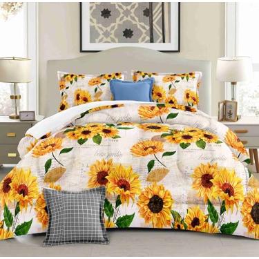 Imagem de Yilinata Conjunto de edredom casal de girassol aquarela com 2 fronhas, estampa floral, rosa, dourado, macio, 3 peças, para decoração de quarto de crianças e adultos, todas as estações