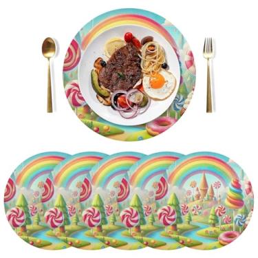 Imagem de Tapetes de mesa Candy Land Rainbow de 38 cm, jogo americano de cozinha de PVC, conjunto de 6 jogos americanos laváveis para uso ao ar livre