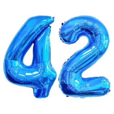 Imagem de GFIURNJVVBJH Balão de alumínio com 42 números, número 81 cm, balão gigante para decoração de festa de aniversário de 42 anos, casamento, formatura, celebração, festa, azul, 42
