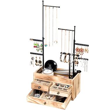 Imagem de LAVIEVERT Torre organizadora de joias com caixa de armazenamento de gaveta de madeira de camada dupla, suporte de árvore de joias de 7 níveis, exibição de joias para colares, pulseiras, brincos e