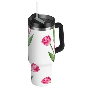 Imagem de Copos com tampas e canudos, tulipas cor-de-rosa, folhas verdes florais, branco, copo de 1,134 g com alça, garrafa de água grande, isolada, aço inoxidável, caneca de café quente para carro