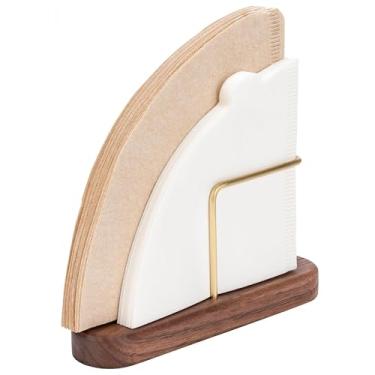 Imagem de IIUIKOO Suporte de filtro de café cone para filtros de papel V60 e nº 4, recipiente de armazenamento de filtro de café de nogueira e latão | Organizador de bancada, dispensador para Aeropress, Chemex