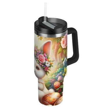 Imagem de Coelhos florais românticos de Páscoa com tampa e canudos copo rosa de 850 g com alça garrafas de água isoladas caneca de café quente de aço inoxidável para carro