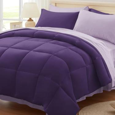 Imagem de Anluoer Conjunto de edredom King, roxo escuro e roxo claro em uma bolsa, 7 peças, conjunto de cama leve com enchimento alternativo, conjunto de cama inclui edredom, lençol de cima, fronhas e fronhas