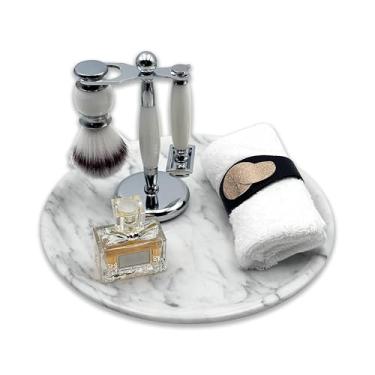 Imagem de Marmor Bandeja de banheiro de mármore 100% natural para perfume, velas, penteadeira de pedra de joias, organizador de balcão de banheiro e cozinha e decoração de casa (placa redonda sem bordas branca