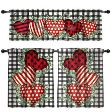 Imagem de Cortinas de cozinha para Dia dos Namorados, decorações para casa, dia dos namorados, cortinas de janela com bolso para varão, conjunto de camadas e saia para dia dos namorados, 137 x 45 cm, saia de 68