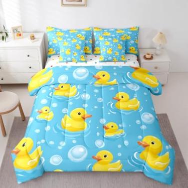 Imagem de Erosebridal Jogo de cama infantil casal com estampa de pato de borracha amarela, 7 peças, com estampa de patos e patos e animais de estimação fofos para meninos e meninas