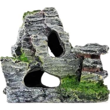 Imagem de Caverna artificial de pedra de aquário de pedra de musgo – decoração de aquário de resina para esconder e paisagismo, ornamento de pequeno terreno montanhoso, habitat de aparência natural para peixes