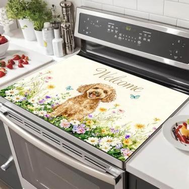 Imagem de HOMETITUTE Capas superiores de fogão de cachorro primavera para fogão elétrico 71 x 50 centímetros protetor de fogão de vidro resistente ao calor capa decorativa de fogão tapetes de secagem de pratos