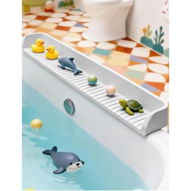 Imagem de Protetor contra respingos para banheira, protetor de respingos de silicone de 70 cm com 11 ventosas, suporte dobrável de brinquedo de banho e prateleira de brincar, evita derramamentos de água em