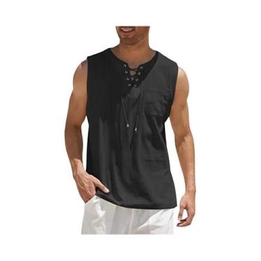 Imagem de Camiseta Regata Masculina Casual De Algodão E Linho, Estilo Retrô Com 