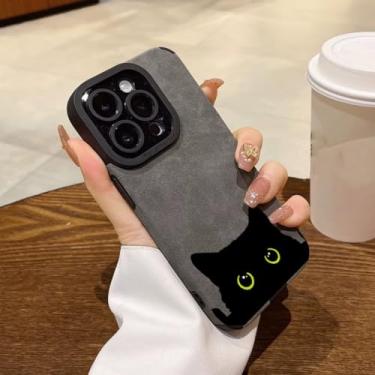 Imagem de IRTGFG Capa de silicone macia de couro camurça de gato preto de luxo para iPhone 16 Plus (para iPhone 16 Plus/preto)