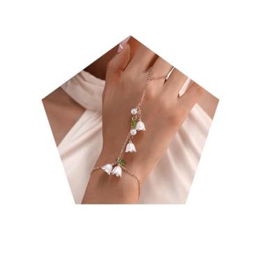 Imagem de FORUBUS Pulseira Lily of the Valley – Pulseira de corrente de folha de pérola floral para mulheres, joia de mão elegante presente para primavera e verão, Medium, Metal, Sem Pedra Preciosa