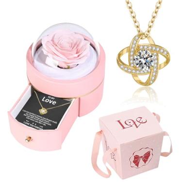 Imagem de Caixa de rosas preservada feita à mão com colar de trevo de quatro folhas, caixas de joias, poesia, rosas, presentes para mulheres, mãe, esposa, namorada, no dia dos namorados, dia das mães com cartão