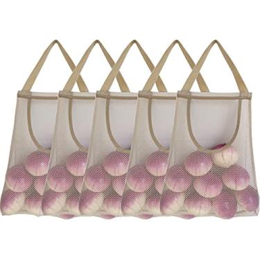 Imagem de SHUYUE Pacote com 5 sacos de armazenamento de malha pendurados para batatas, cebolas, alho – sacos de produtos de rede reutilizáveis longos e grandes para cozinha e mercearia (abertura superior bege)