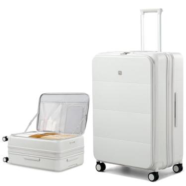Imagem de Hanke Mala de bagagem, bagagem de mão de 50 cm, bagagem despachada de 61 cm com rodas giratórias, malas rígidas de policarbonato TSA, mala de viagem com alça larga, Branco fumê, Expandable 28 Inch
