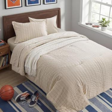 Imagem de Zzlpp Jogo de edredom Twin 5 peças, cama seersucker de aveia em um saco com edredom e lençóis, jogos de cama para todas as estações com 1 edredom, 1 fronha, 1 fronha, 1 lençol de cima, 1 lençol de