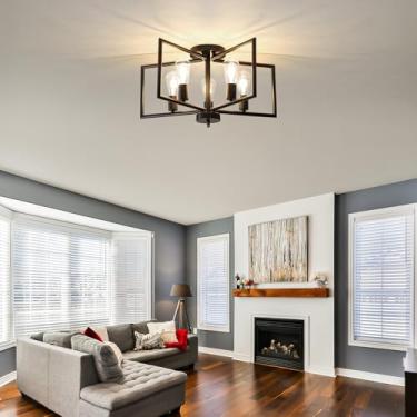 Imagem de Yenigy Lustres de teto de montagem semi-embutida preto 5 claros, geométrico cinco pontas em forma de estrela industrial luminária de metal para hall de entrada, corredor, sala de estar, casa de