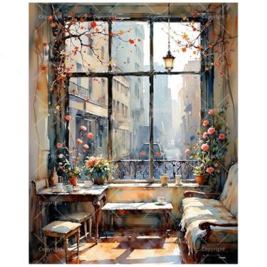 Imagem de Kit de pintura de interiores urbanos por números para adultos - mesa de centro faça você mesmo por pintura de janela em tela, conjunto de tinta acrílica, adequado para iniciantes, arte para decoração