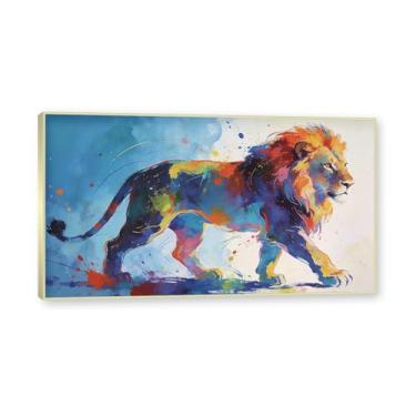 Imagem de NHLDZYH Moldura dourada. Arte abstrata de respingos de leão, pintura colorida de animais em tela, decoração de parede expressiva moderna para sala de estar ou escritório. A99. 50 x 90 cm - 19,7 x 35,5