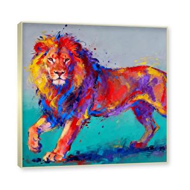 Imagem de NHLDZYH Moldura dourada. Pintura de leão colorida, impressão de arte abstrata vibrante, decoração de parede de animais selvagens e enérgicos, tela contemporânea moderna para quarto, academia, quarto