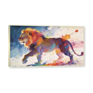 Imagem de NHLDZYH Moldura dourada. Quadro abstrato de leão - arte moderna com salpicos de cor vibrante - arte de parede energética para casa, escritório ou negócios - tela decorativa. A111. 70 x 125 cm.