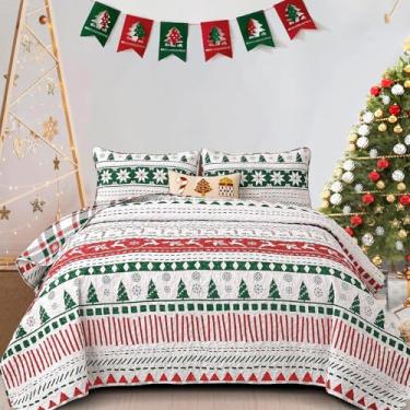 Imagem de Conjunto de colcha de Natal tamanho king, colcha de rena de floco de neve de árvore de Natal, 3 peças, microfibra macia, vermelha, verde, listrada, estampa de Natal, decoração festiva, conjunto de