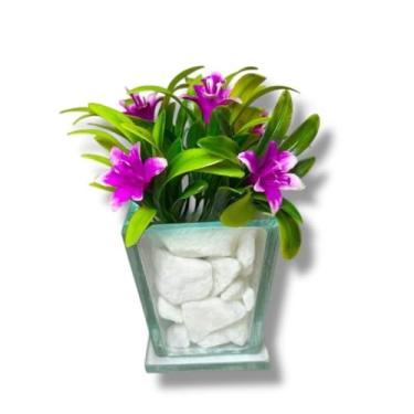 Imagem de Kit de Arranjos Mini Lírio Variado no Vaso de Vidro + Pedras Brancas arranjo de flores artificiais com vaso，arranjo de mesa de jantar(ROXO,4 UNIDADES)