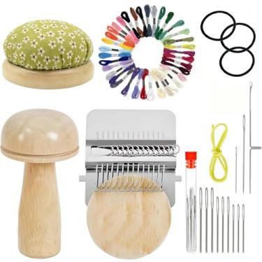 Imagem de Mini tear, kit de remendo de malha de cogumelo, kit de tricô para iniciantes com 14 ganchos, kit de remendos de tricô para conserto de roupas de meias de jeans, inclui linhas de agulhas e almofada de