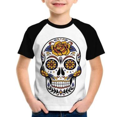 Imagem de Camiseta Raglan Infantil Caveira Mexicana - Foca na Moda, Branco, Pret