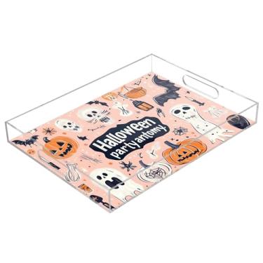 Imagem de xigua Bandeja de servir de acrílico fantasma de Halloween com alças à prova de derramamento, bandejas decorativas de festa de Halloween, bandeja organizadora de bancada para banheiro, cozinha, 30,5 x