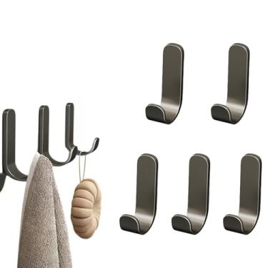 Imagem de Conjunto de 5 peças de ganchos não perfurados, viscose forte de aço inoxidável, cabides de parede de banheiro, prateleiras de cozinha de parede para armazenamento, cinza