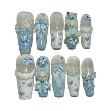 Imagem de Unhas Postiças De Urso De Pelúcia Rosa Com Pérolas E Coração Brilhante