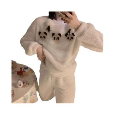 Imagem de Conjunto De Pijamas De Fleece Feminino, Roupa De Dormir Quente E Gross